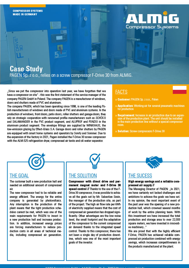Cover - ALMiG Case Study - Pagen - F-Drive screw compressor - English Cover - ALMiG Case Study - Pagen - F-Drive screw compressor - English