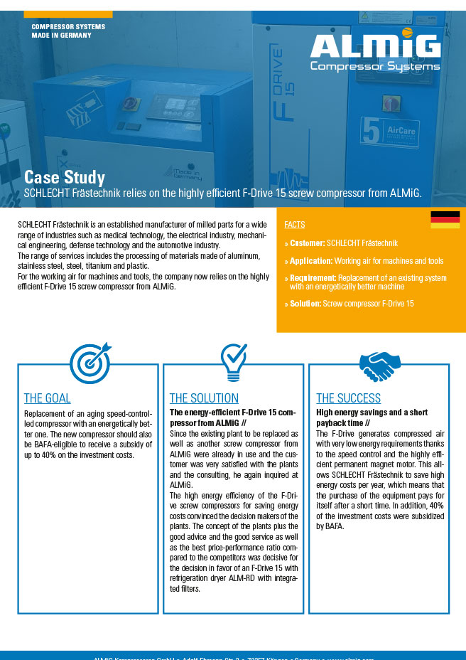 Cover ALMiG Case Study - Schlecht Frästechnik - Screw compressor F-Drive - English Cover ALMiG Case Study - Schlecht Frästechnik - Screw compressor F-Drive - English