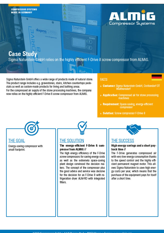 Cover ALMiG Case Study - Sigma Naturstein - Screw compressor F-Drive - English Cover ALMiG Case Study - Sigma Naturstein - Screw compressor F-Drive - English