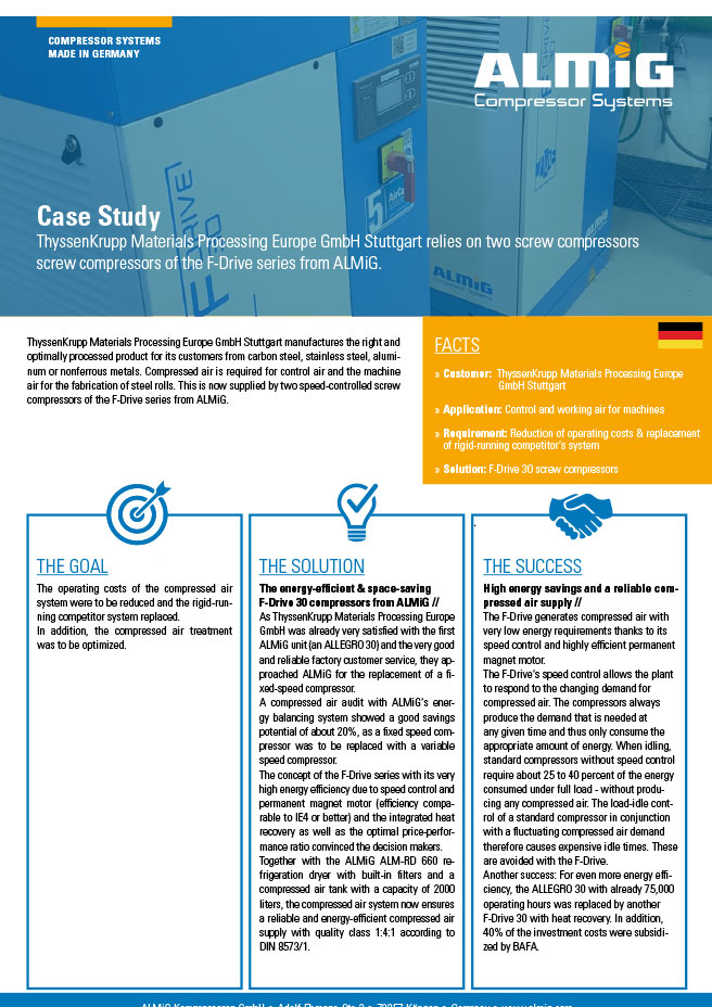 Couverture ALMiG Case Study - ThyssenGrupp - Compresseur à vis F-Drive - Anglais
