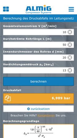 ALMiG Druckluft Rechner App - Berechnung des Druckabfalls ALMiG Druckluft Rechner App - Berechnung des Druckabfalls