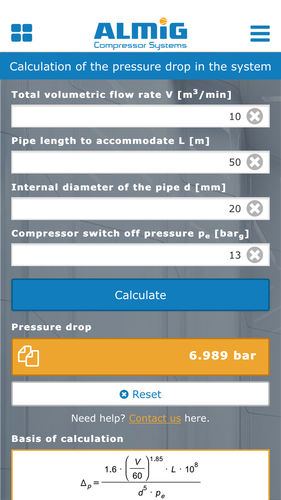 ALMiG Compressed Air Calculator App - Calculation of the pressure drop